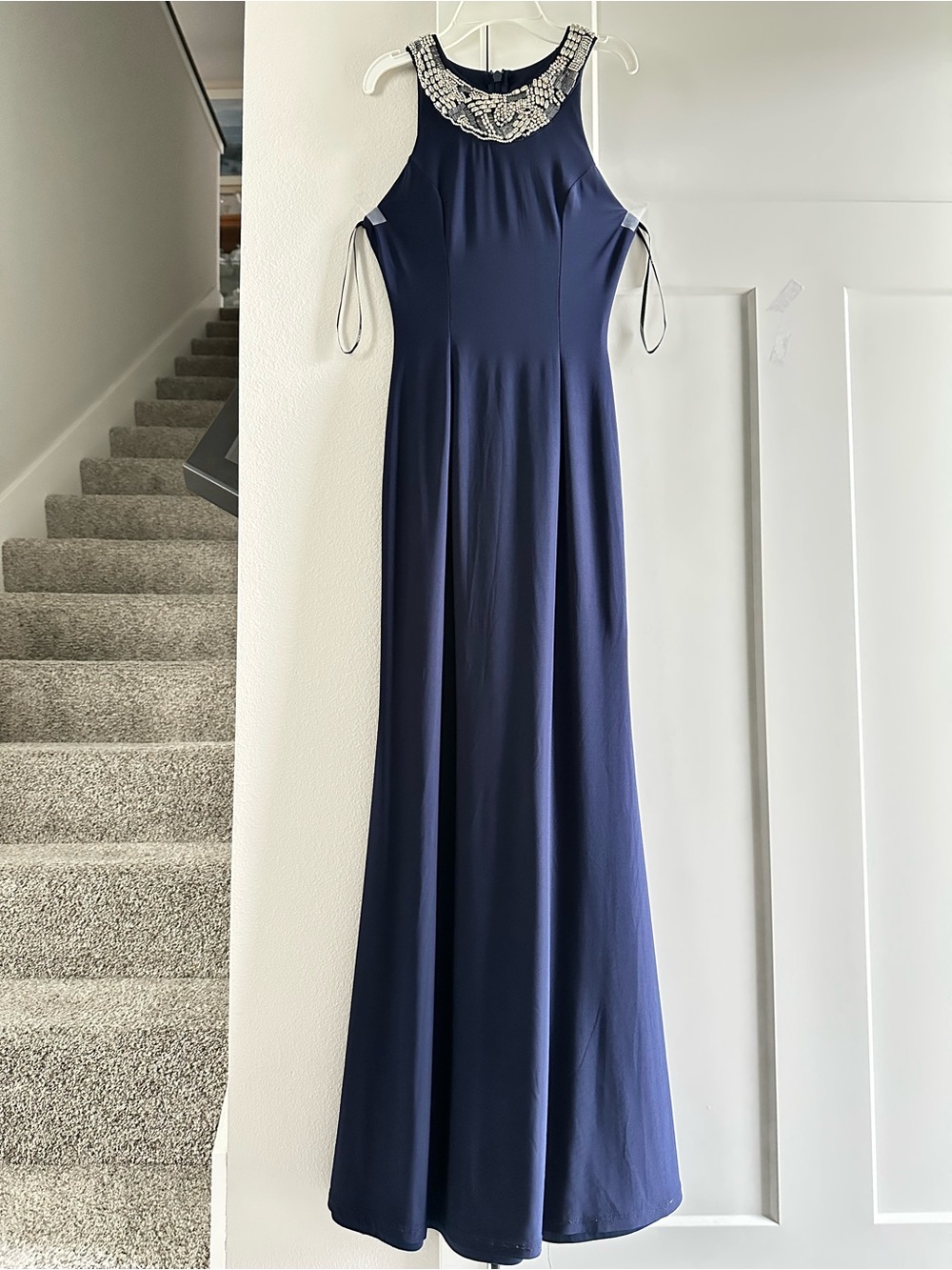 Lulus Navy Beaded Halter Prom Dress Evening Gown XS